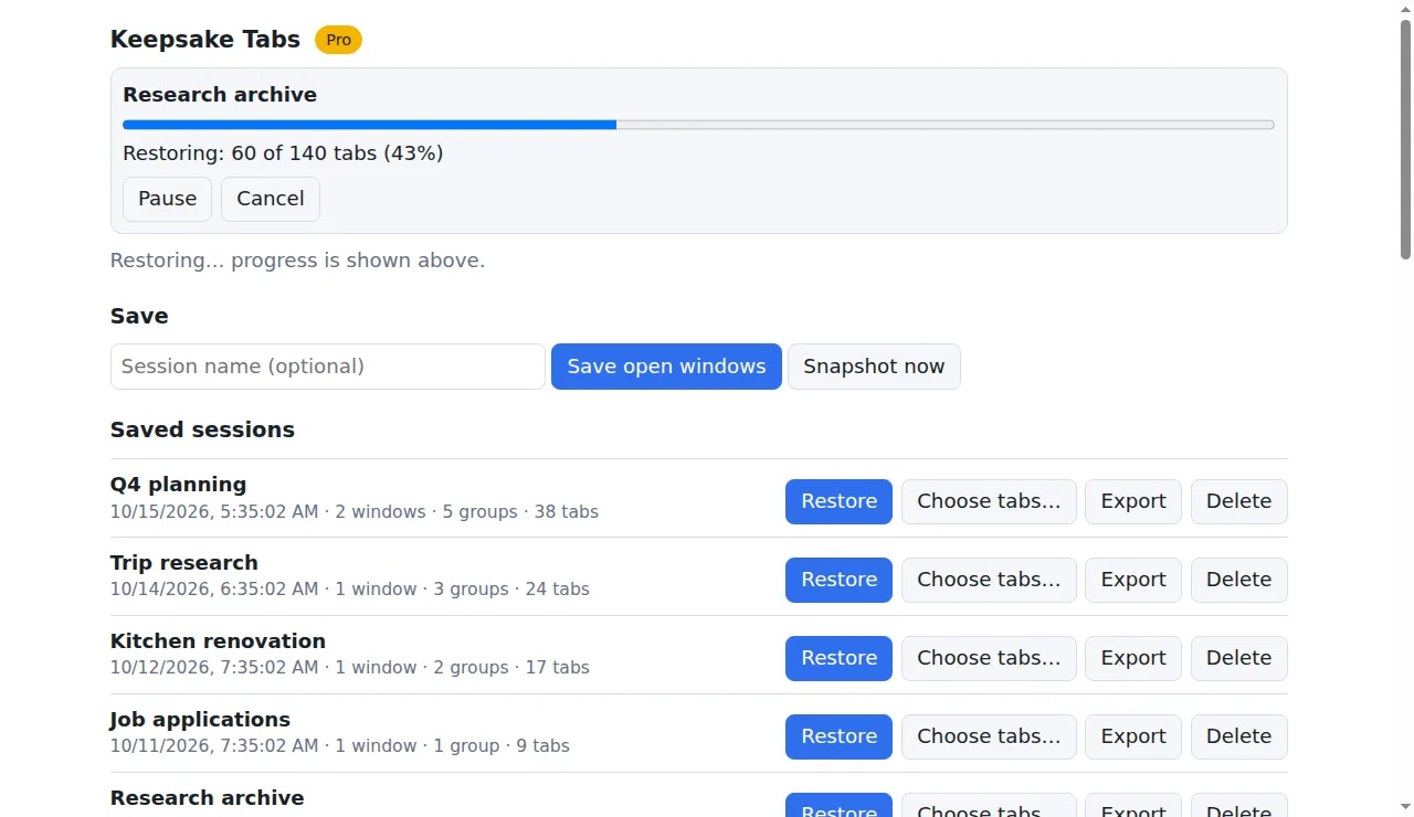 Keepsake Tabs restoring a 140-tab session in paced batches with a progress bar and Pause